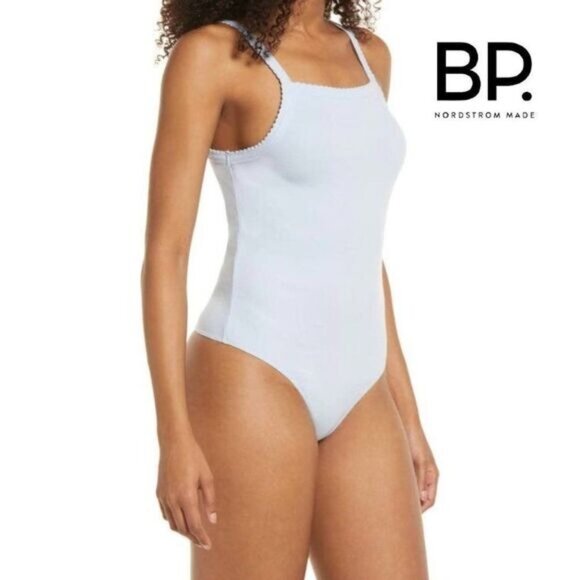 BP. Women's Picot‎ Trim Cotton Blend Rib Bodysuit In Blue Cashmere NWT - Picture 2 of 5